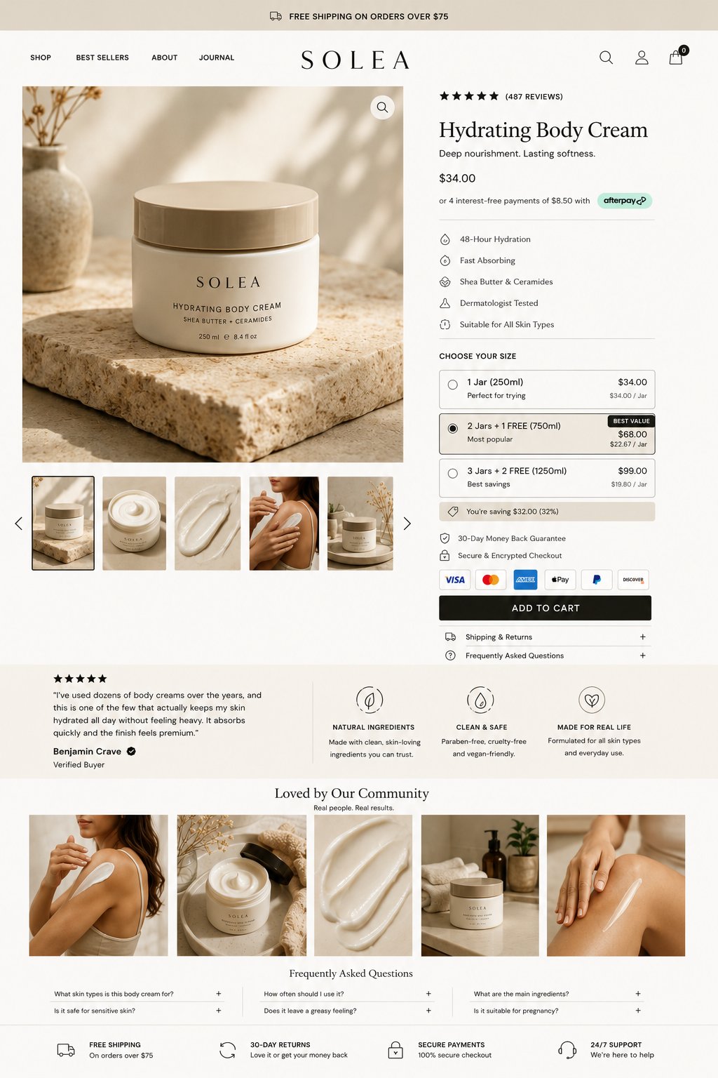 SOLEA Body Cream, Shopify Product Page, Shopify Product Page Design by Adeagbo David Victor
