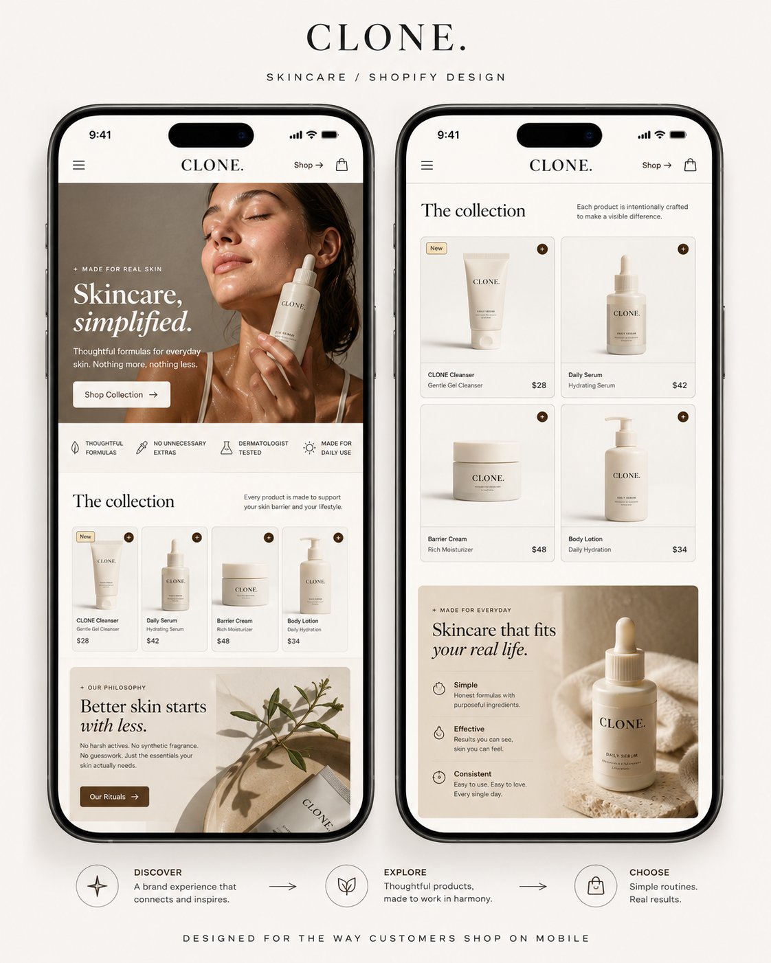 CLONE Skincare, Mobile Shopify Store Design, Shopify Homepage Design by Adeagbo David Victor