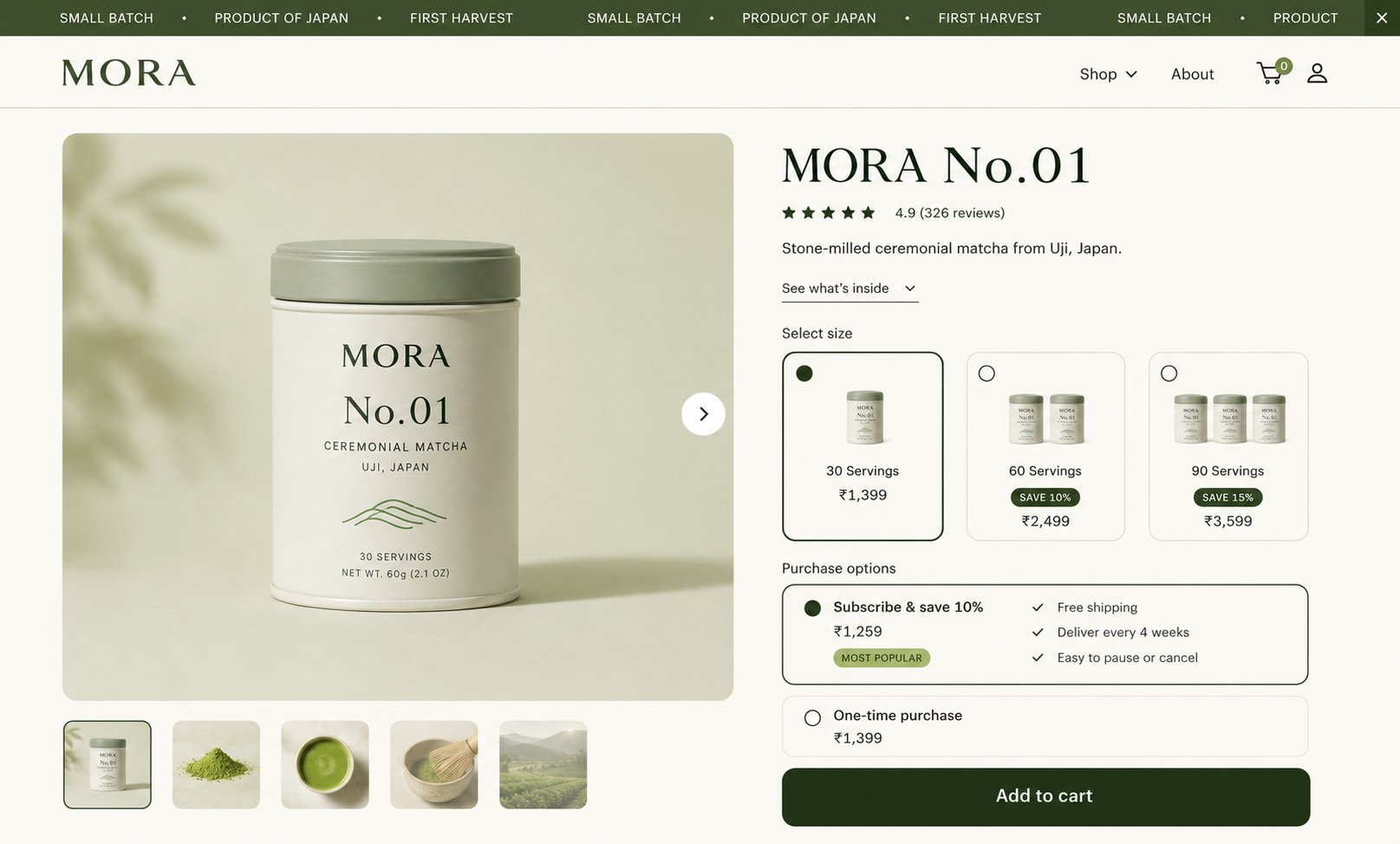MORA Ceremonial Matcha, Shopify Product Page, Shopify Product Page Design by Adeagbo David Victor